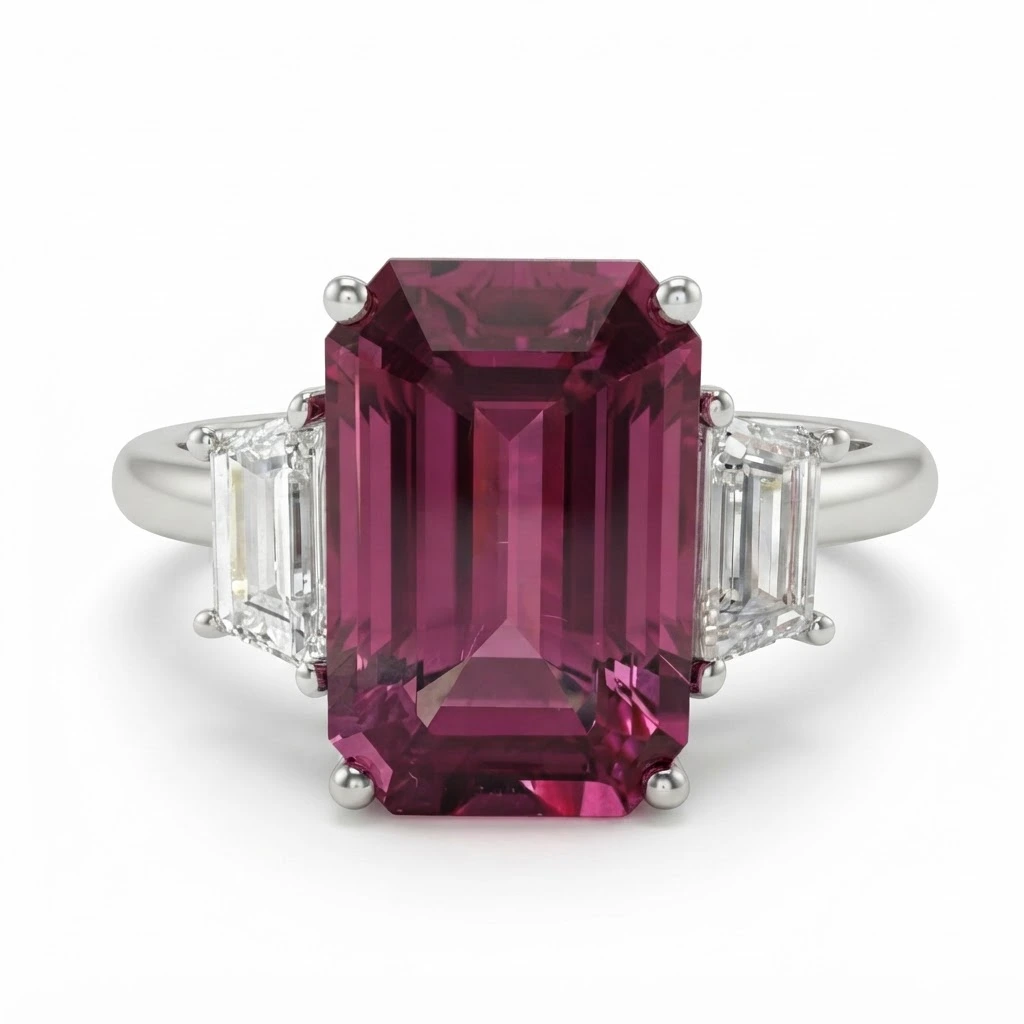 Emerald Cut Lab Grown Diamond Ring with Trapezoid Side Diamonds view 3