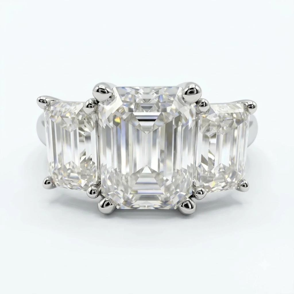 Emerald Cut Lab Grown Diamond Three Stone Ring | PT950 Platinum | IGI Certified