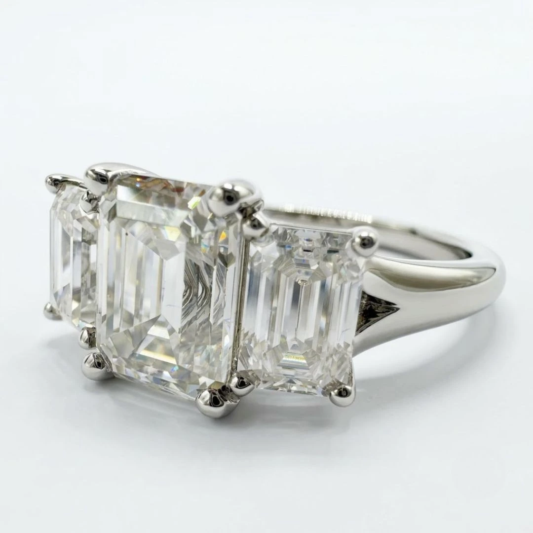 Emerald Cut Lab Grown Diamond Three Stone Ring | PT950 Platinum | IGI Certified view 3