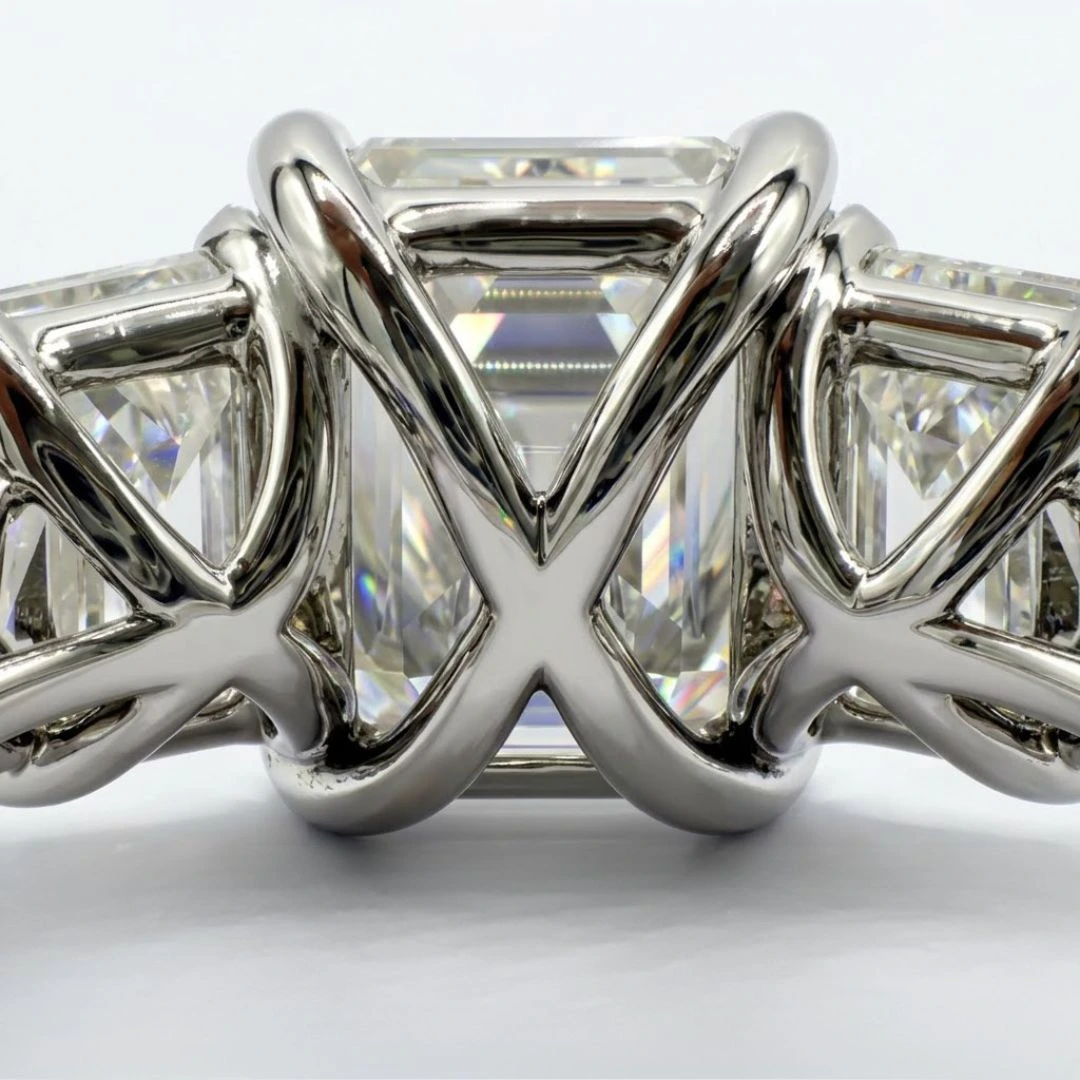 Emerald Cut Lab Grown Diamond Three Stone Ring | White Gold | IGI Certified view 4