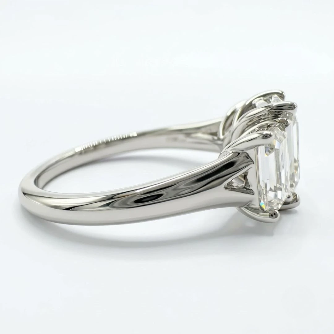 Emerald Cut Lab Grown Diamond Three Stone Ring | White Gold | IGI Certified view 6