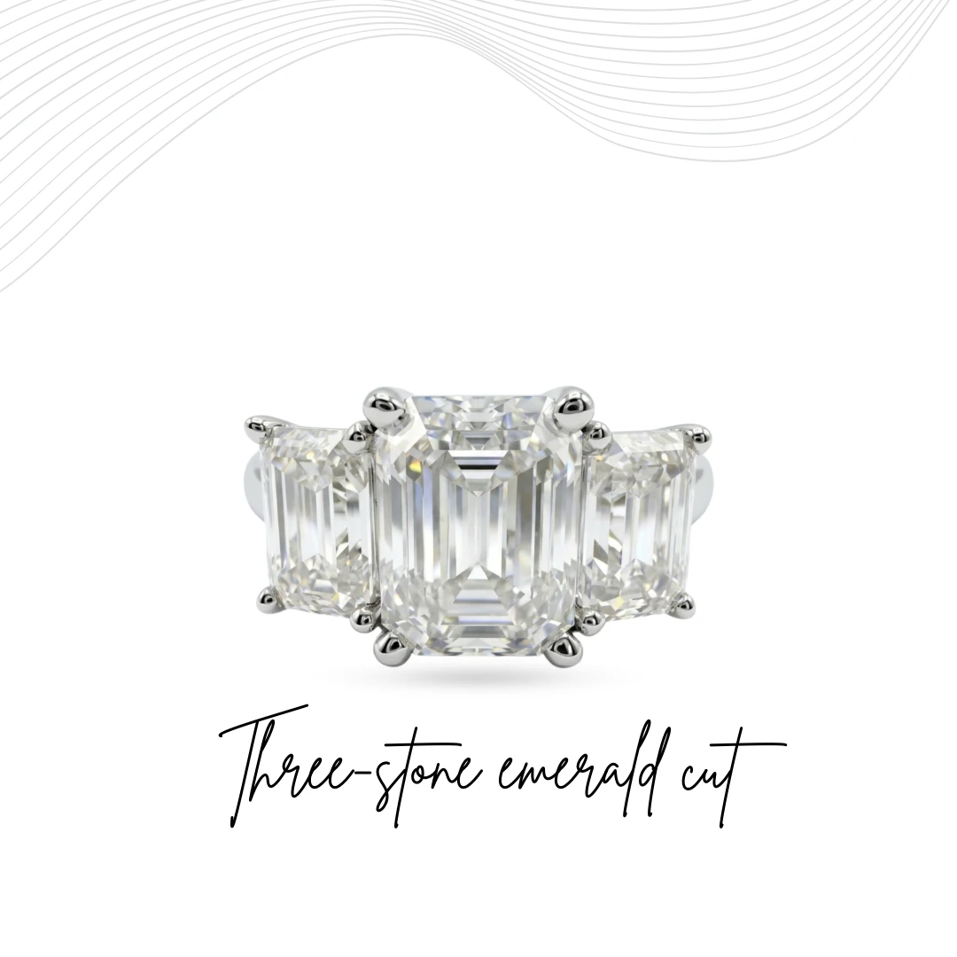 Emerald Cut Lab Grown Diamond Three Stone Ring | White Gold | IGI Certified