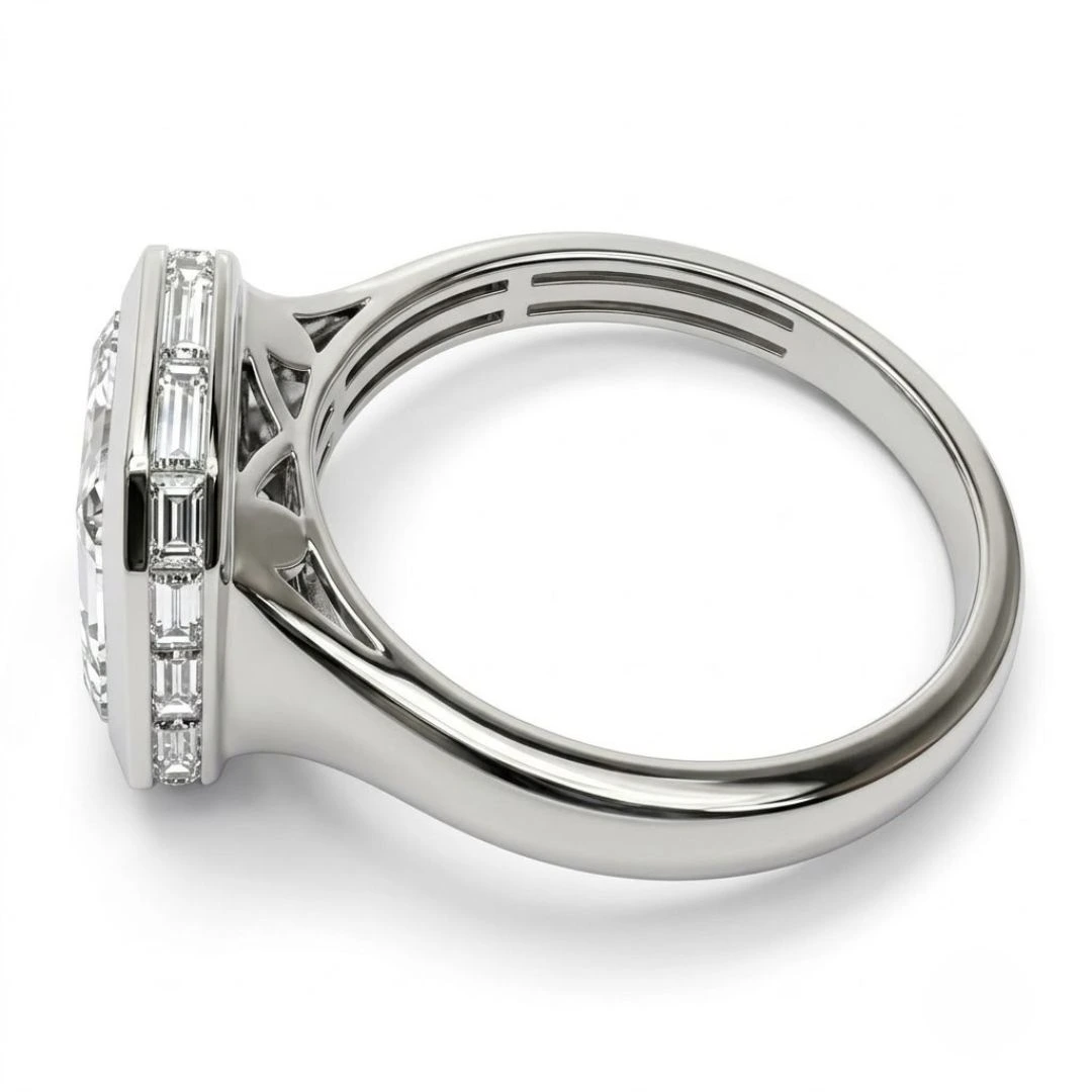 Emerald Cut Solitaire Diamond Ring with Baguette Diamond in PT950 Platinum view 3