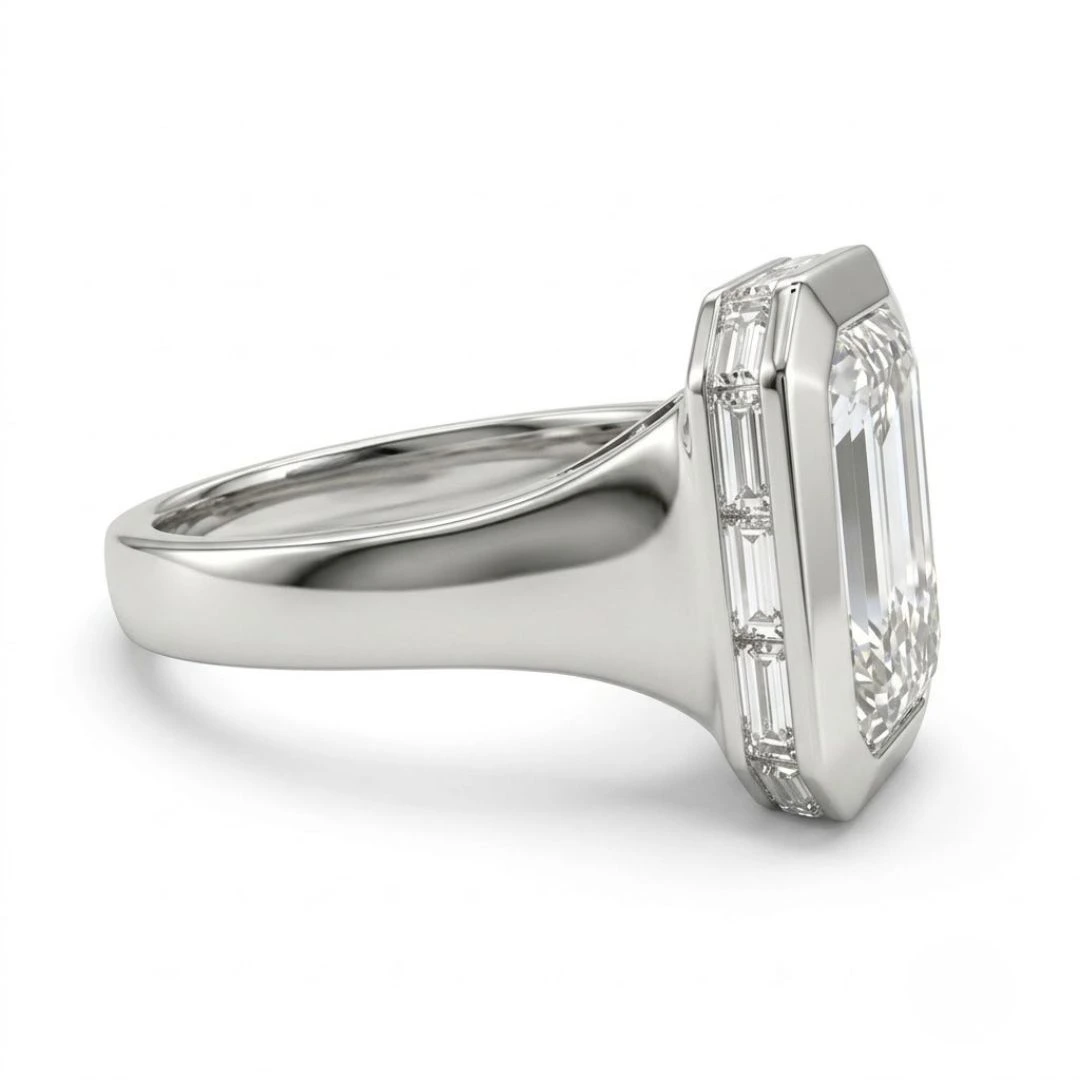 Emerald Cut Solitaire Diamond Ring with Baguette Diamond in PT950 Platinum view 4