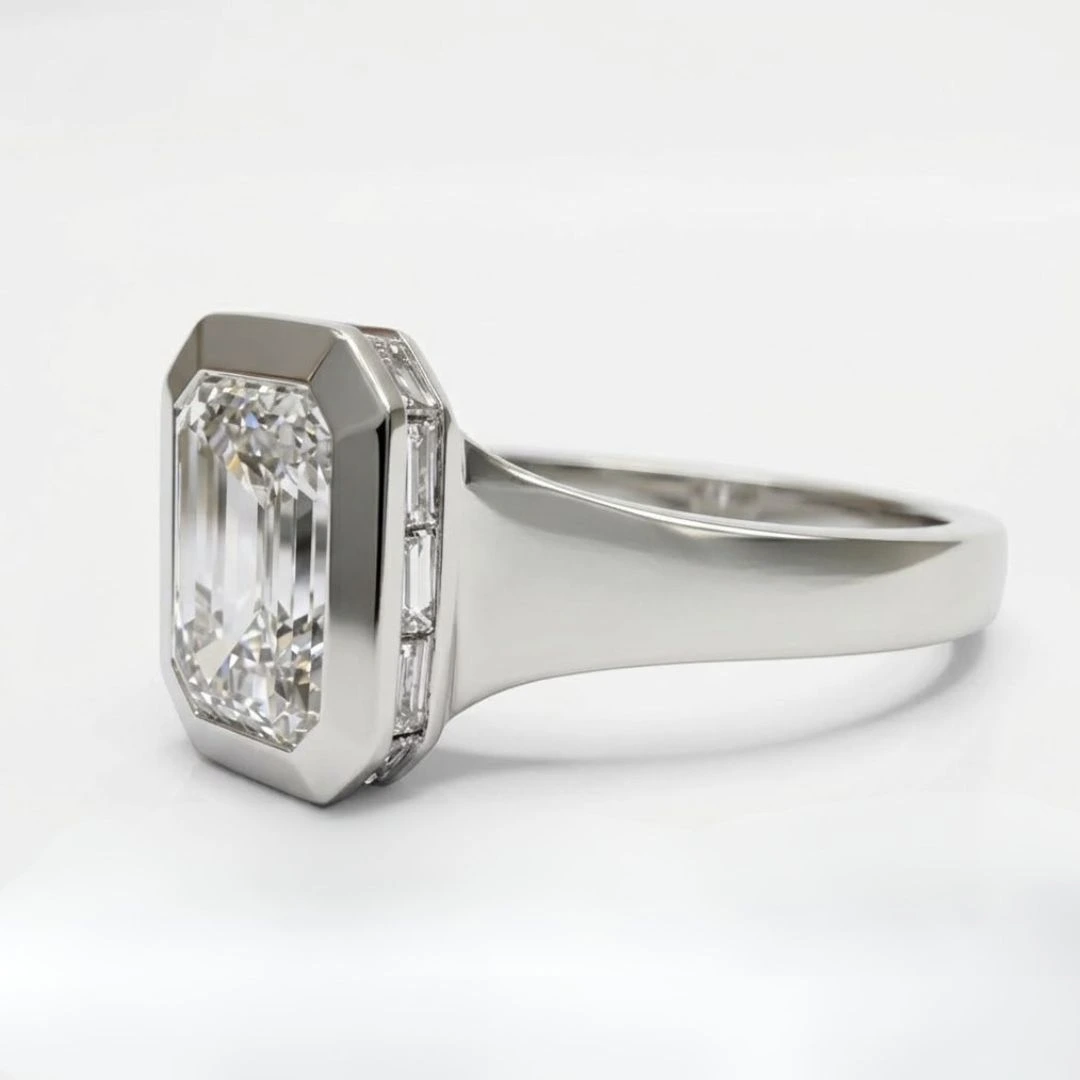 Emerald Cut Solitaire Diamond Ring with Baguette Diamond in PT950 Platinum view 5