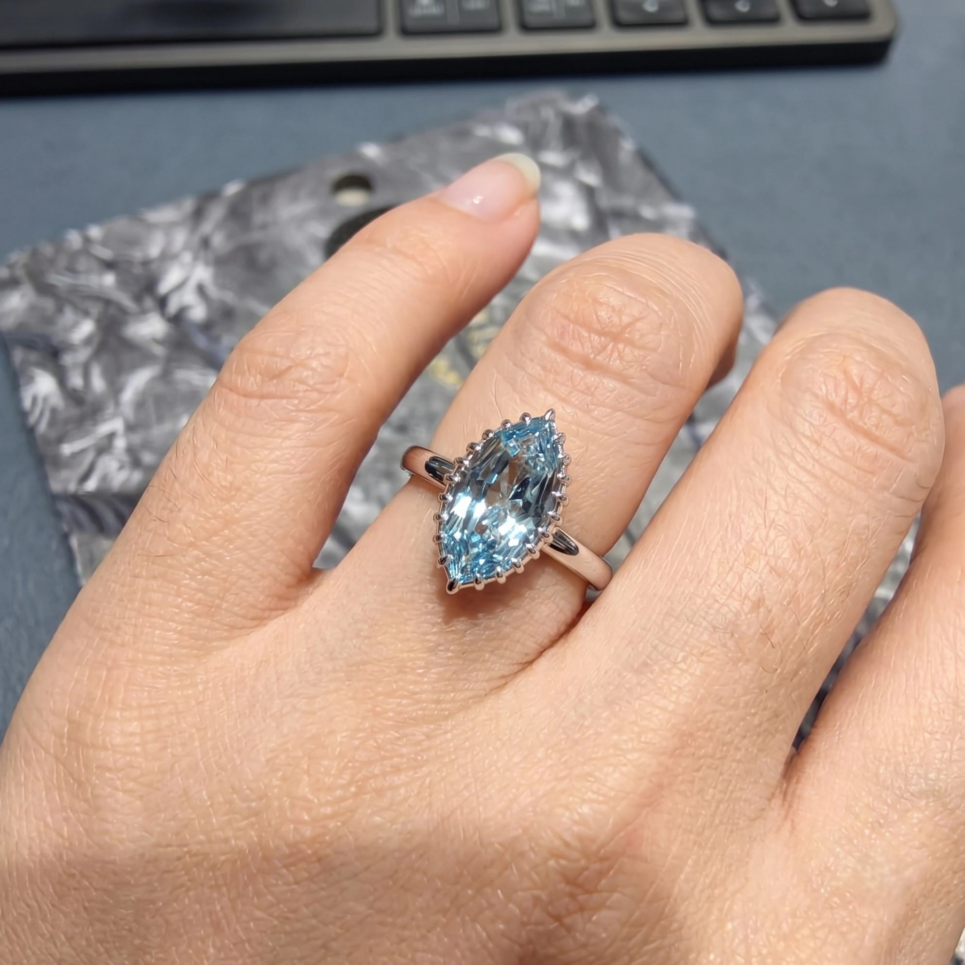 Fancy Blue Marquise Diamond Ring in 14K White Gold view 6