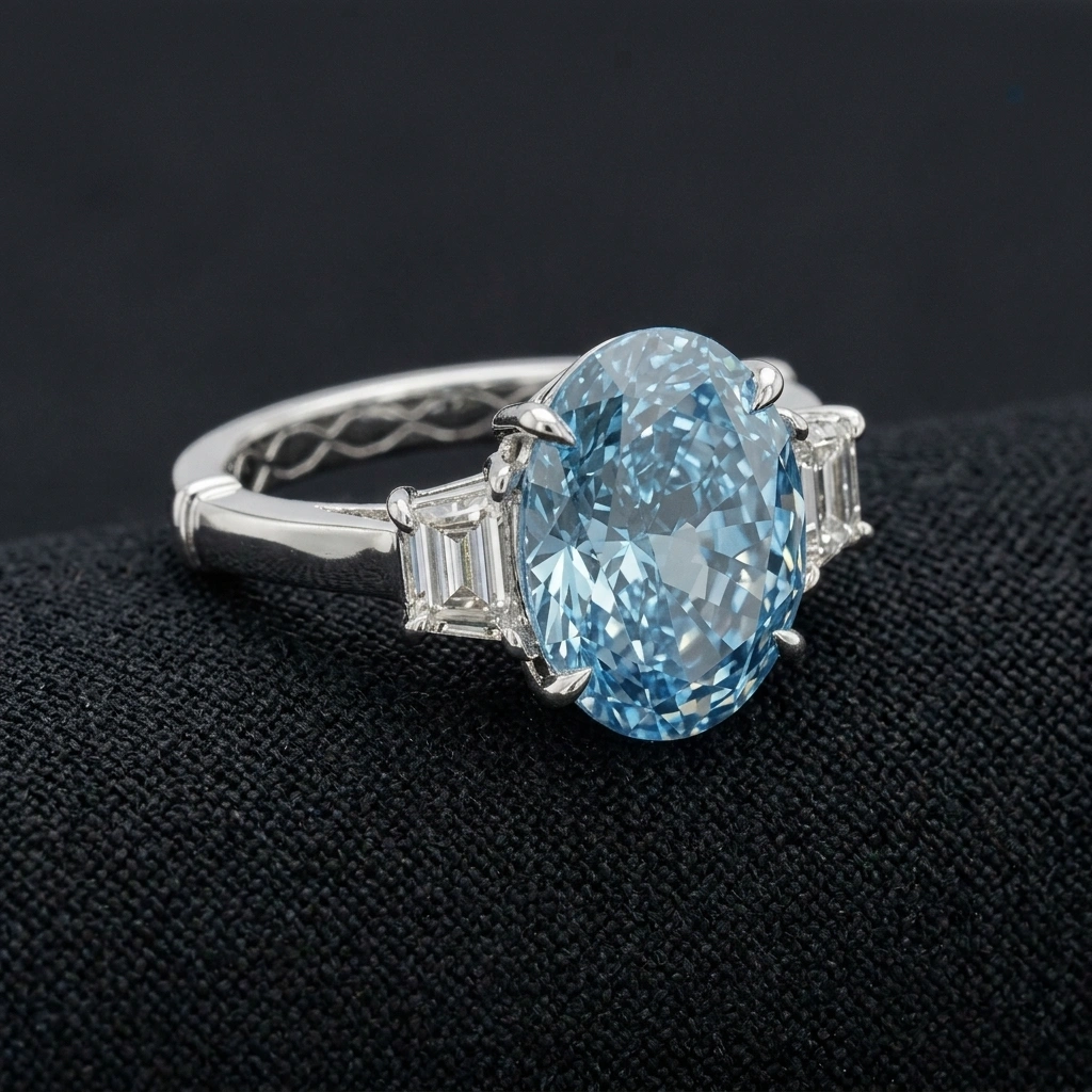 Fancy Blue Oval Diamond Ring in 14K White Gold view 4