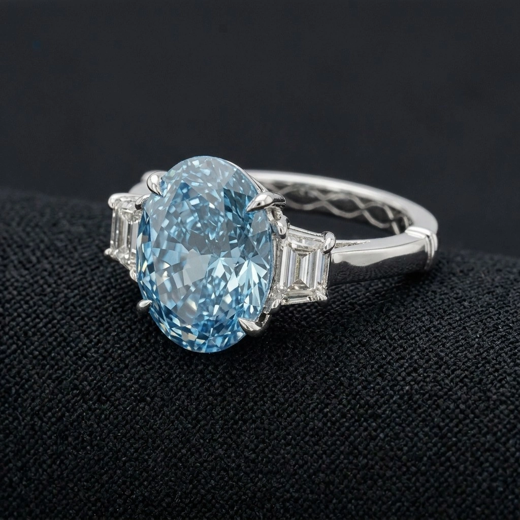 Fancy Blue Oval Diamond Ring in 14K White Gold view 5