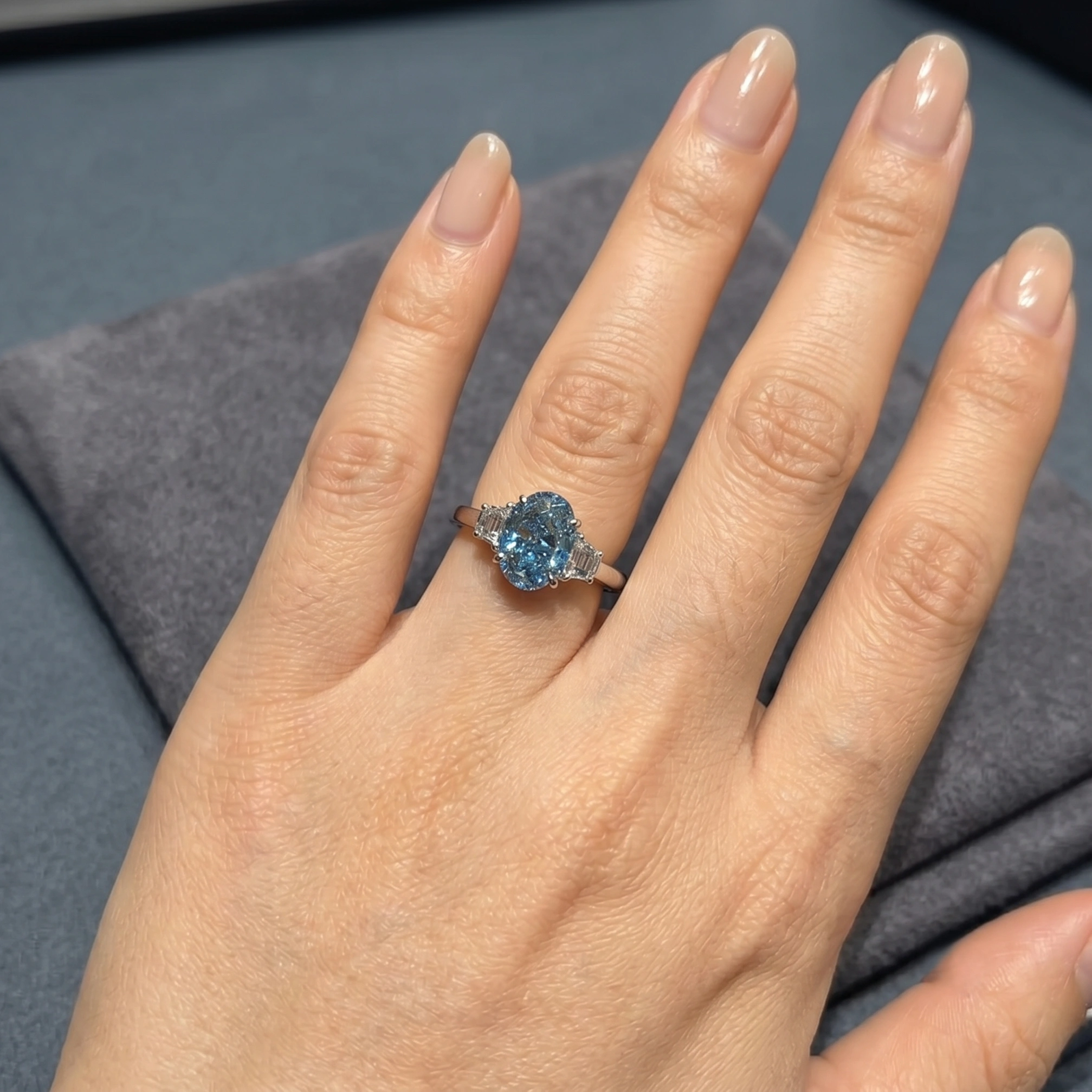 Fancy Blue Oval Diamond Ring in 14K White Gold view 6