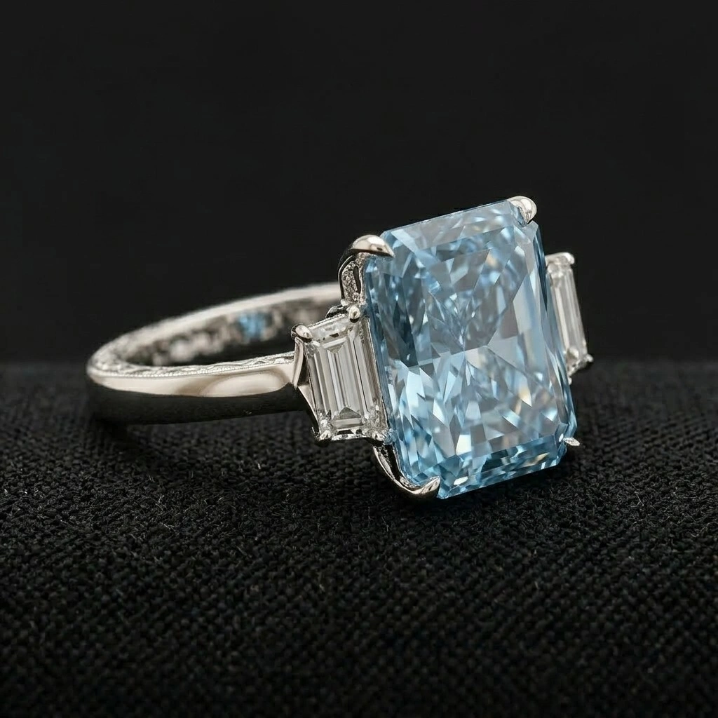 Fancy Blue Radiant Diamond Ring in 14K White Gold view 3
