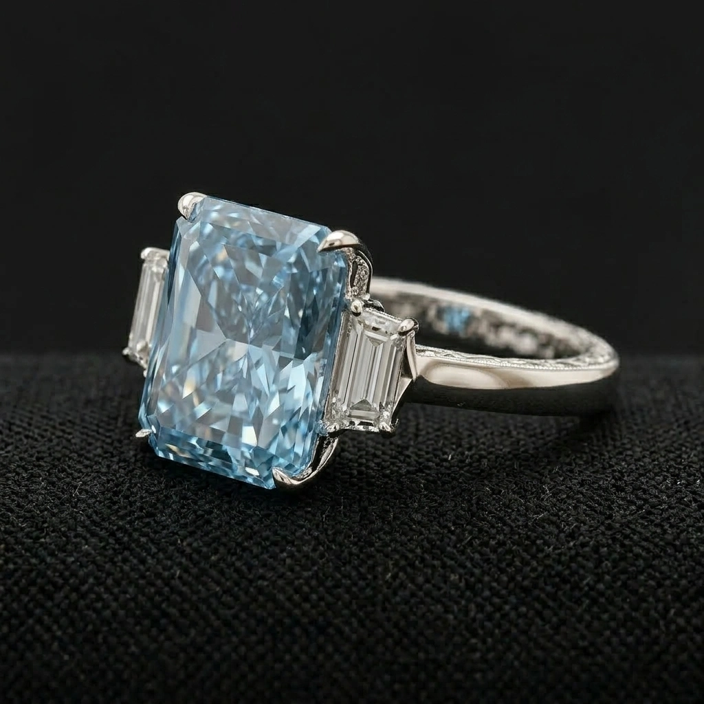 Fancy Blue Radiant Diamond Ring in 14K White Gold view 4