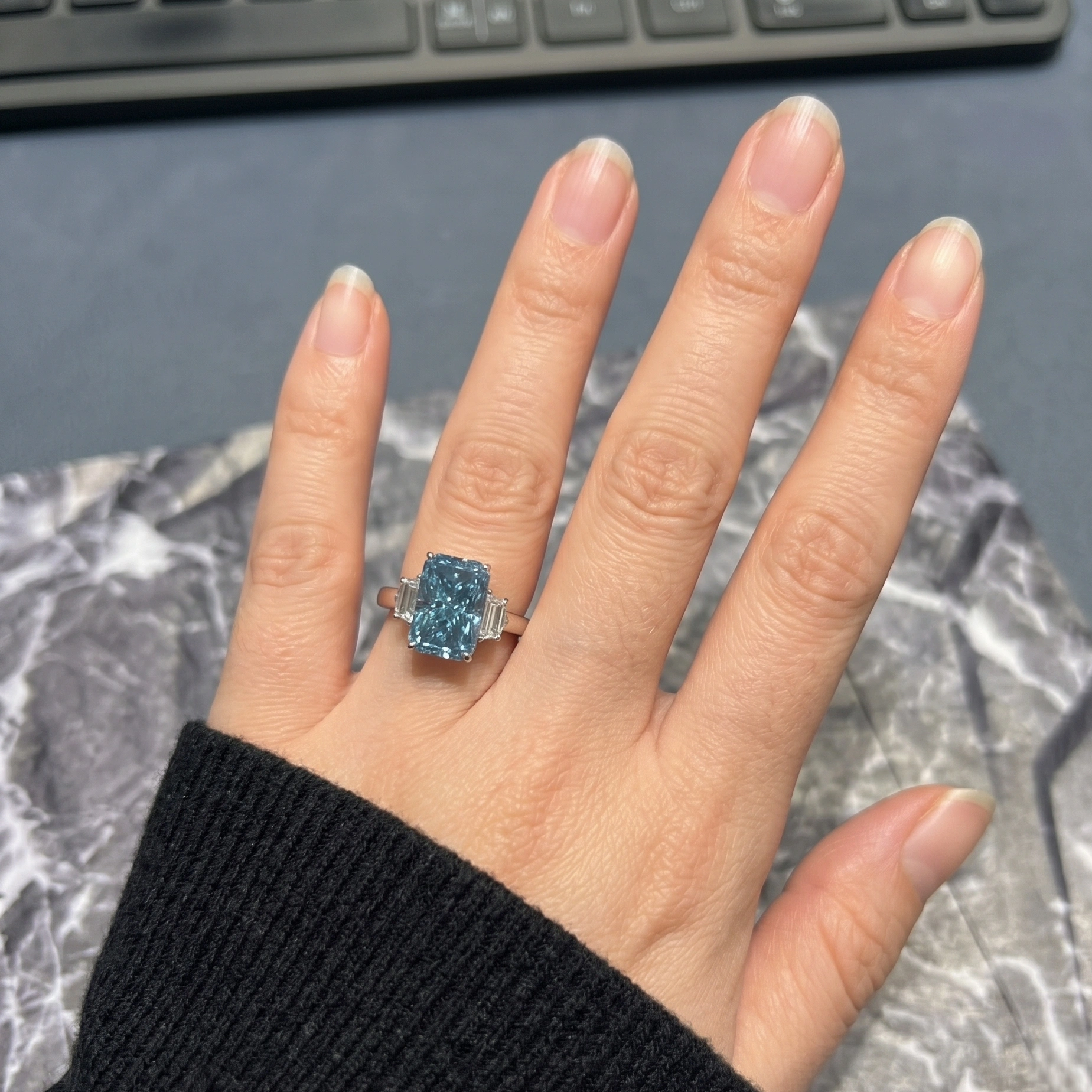 Fancy Blue Radiant Diamond Ring in 14K White Gold view 6