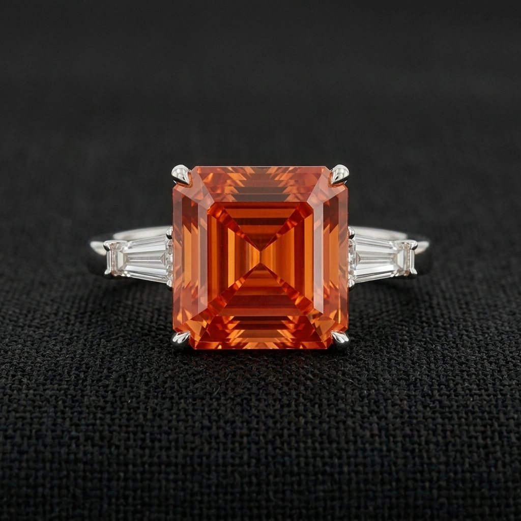 Fancy Red Emerald Cut Ring with Rose Gold Gallery in 14K Gold