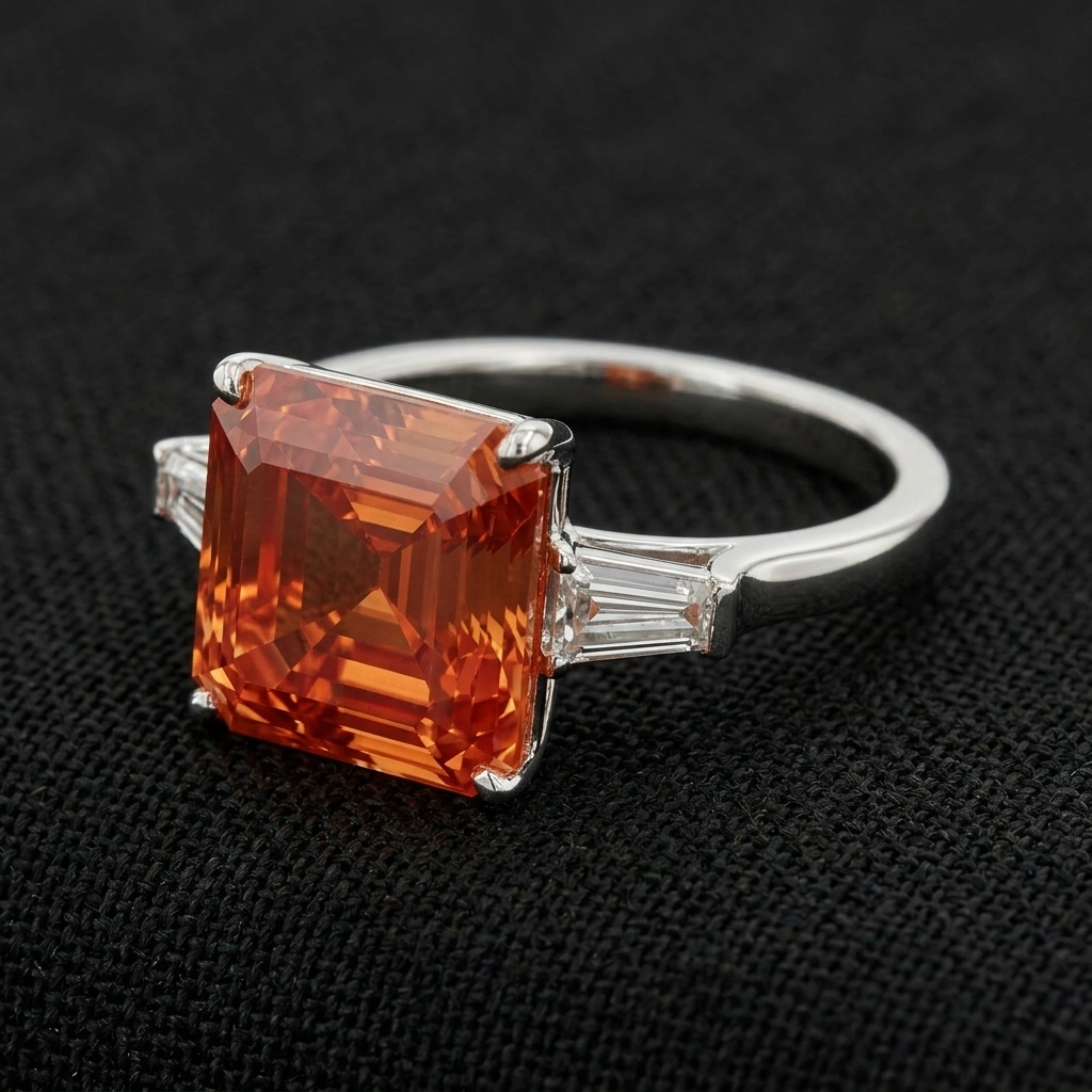 Fancy Red Emerald Cut Ring with Rose Gold Gallery in 14K Gold view 4