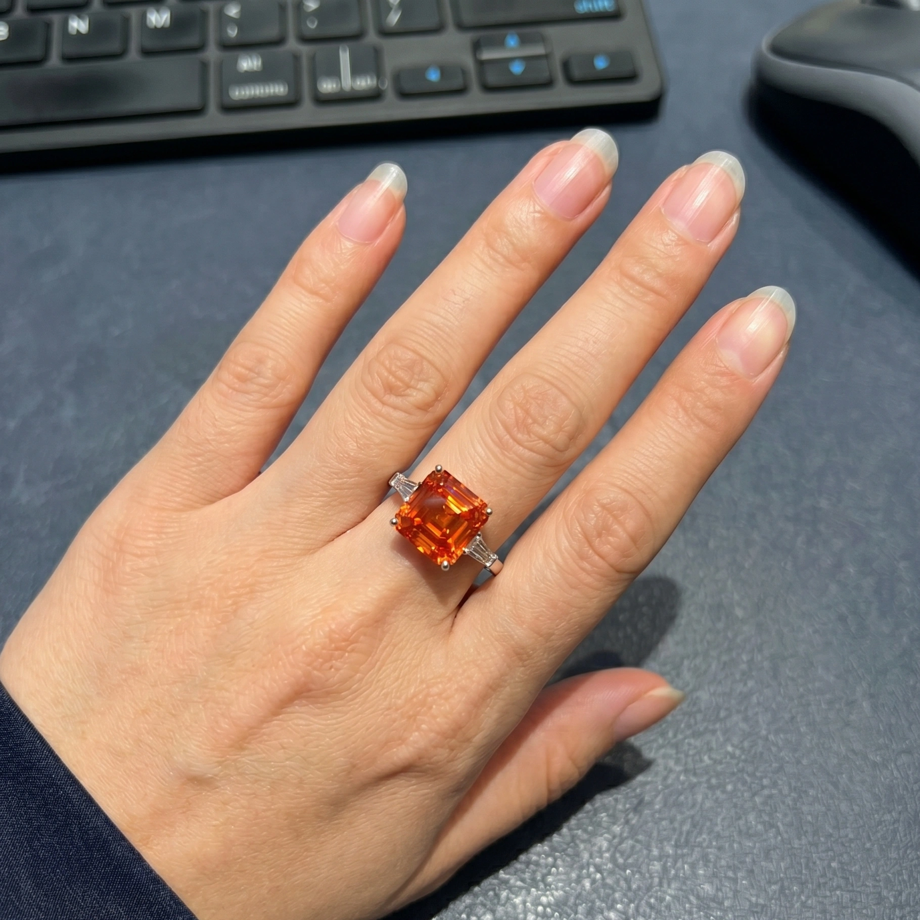 Fancy Red Emerald Cut Ring with Rose Gold Gallery in 14K Gold view 6