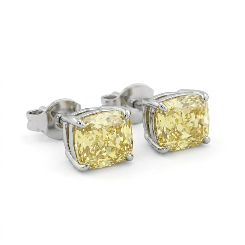 Fancy Yellow Cushion Cut Diamond Stud Earrings | Platinum 950 view 3