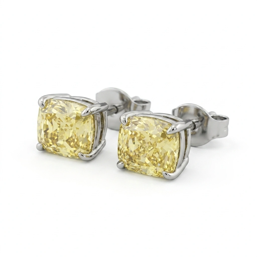 Fancy Yellow Cushion Cut Diamond Stud Earrings | Platinum 950 view 4