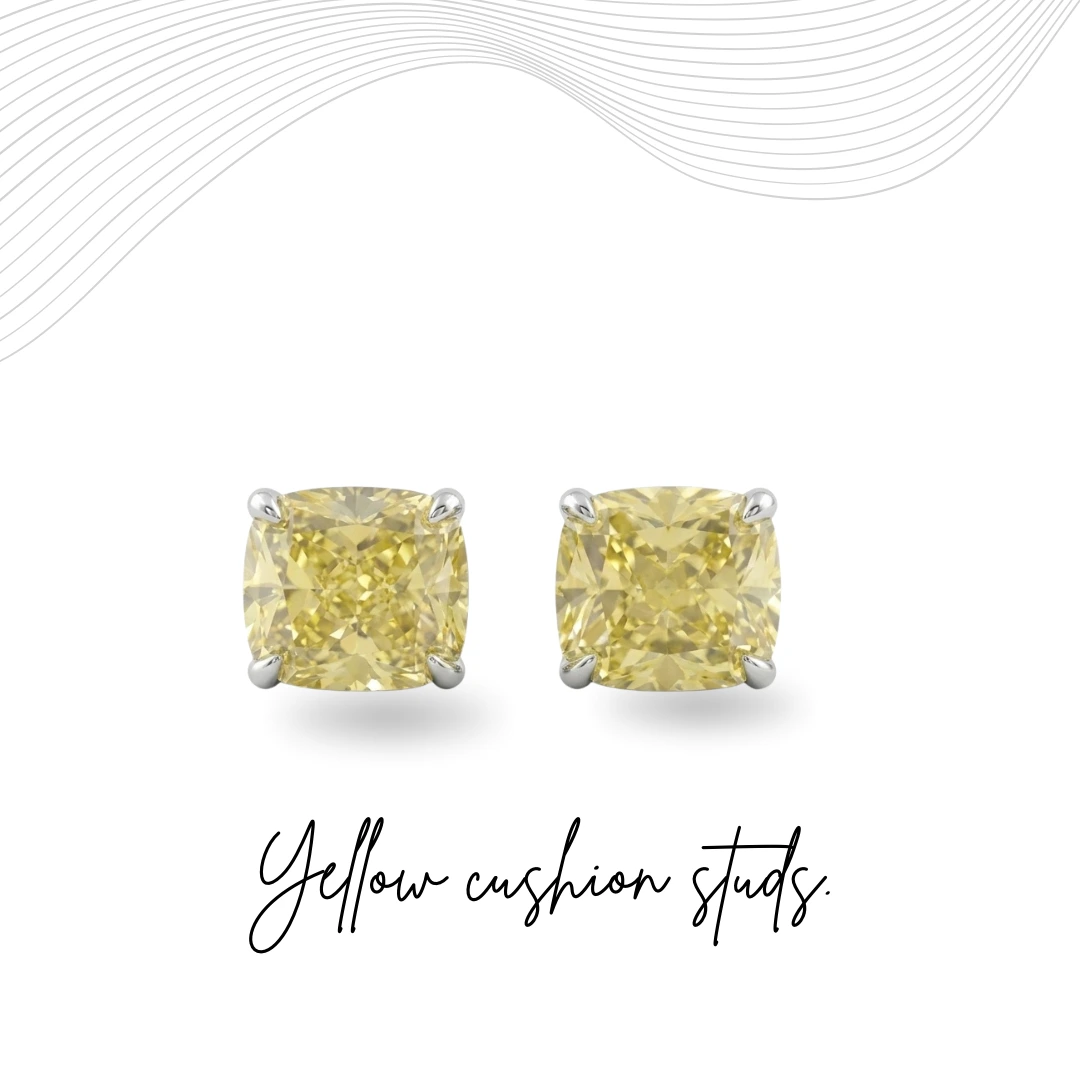 Fancy Yellow Cushion Cut Diamond Stud Earrings | Platinum 950