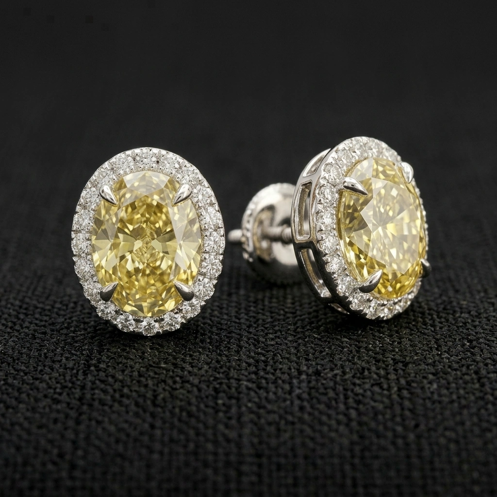 Fancy Yellow Oval Diamond Halo Stud Earrings in 14K White Gold view 4