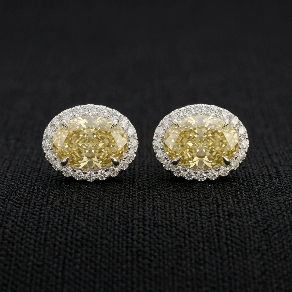 Fancy Yellow Oval Diamond Halo Stud Earrings in 14K White Gold view 5