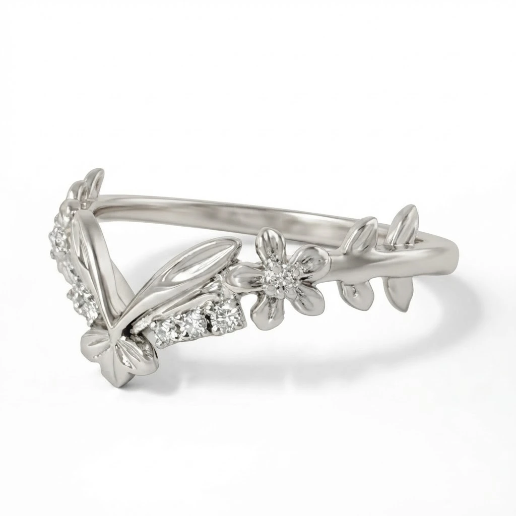 Floral Chevron Lab Grown Diamond Band in White Gold view 4