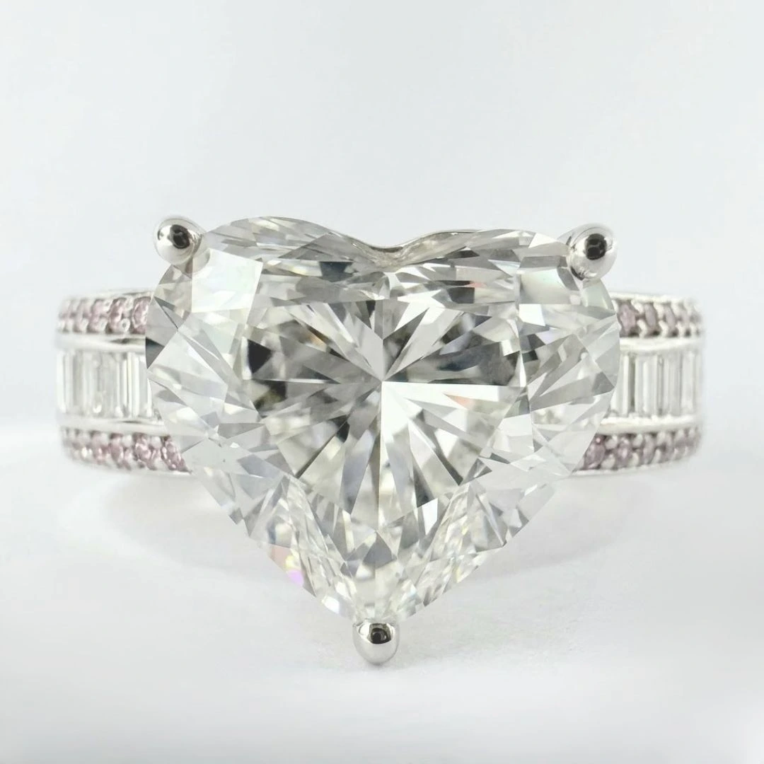 Heart Solitaire with Baguette & Pink Accent Diamond Band Ring | PT950 Platinum