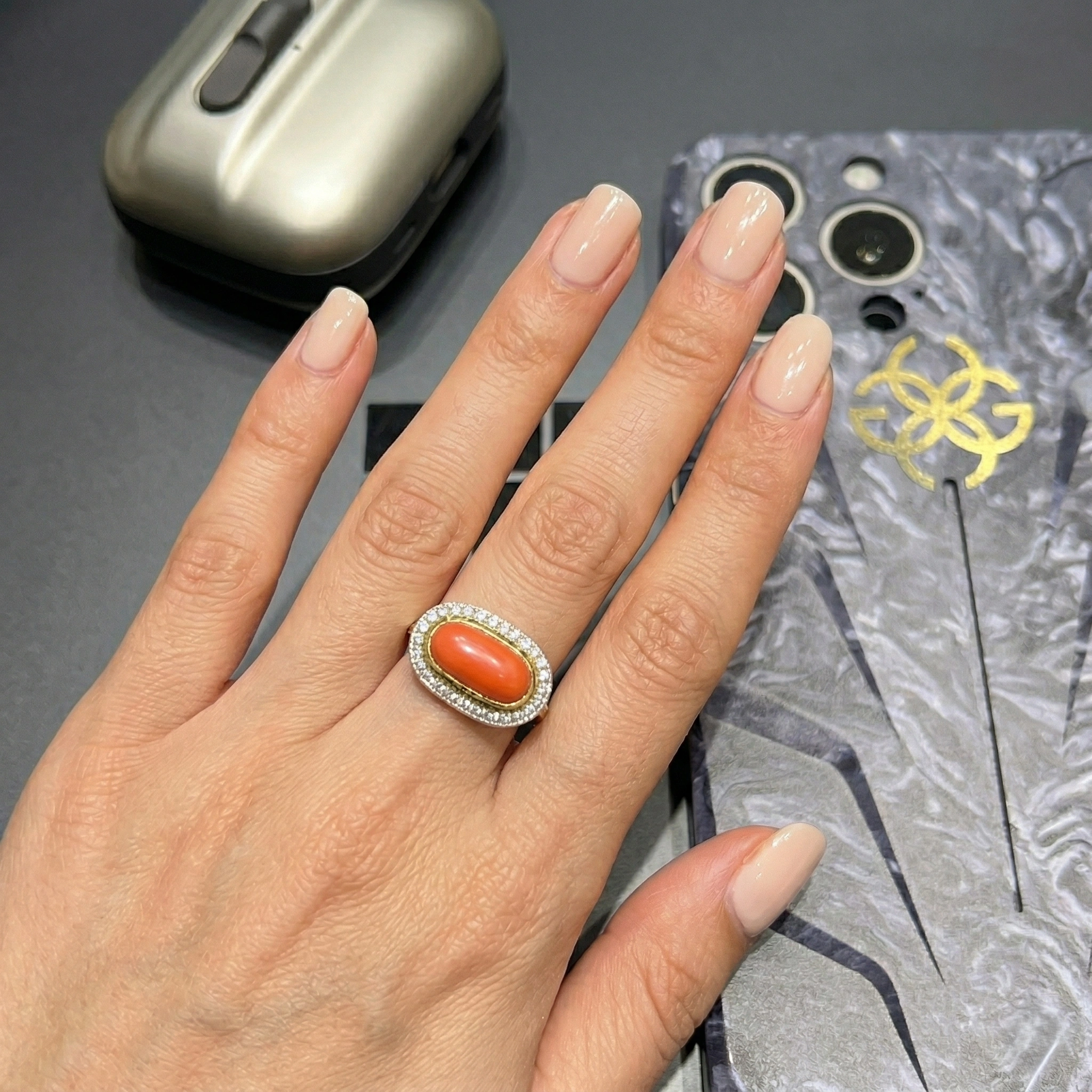 Horizontal Coral Cut Natural Diamond Ring in 14K Yellow Gold with Round Halo Natural Diamonds view 5