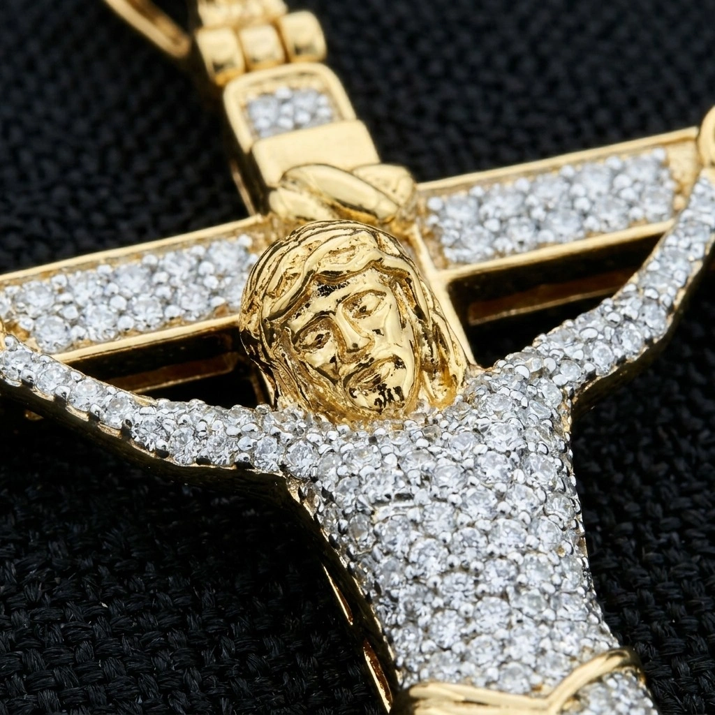 Jesus Cross Pendant with Lab Grown Diamonds in 18K Yellow Gold view 3