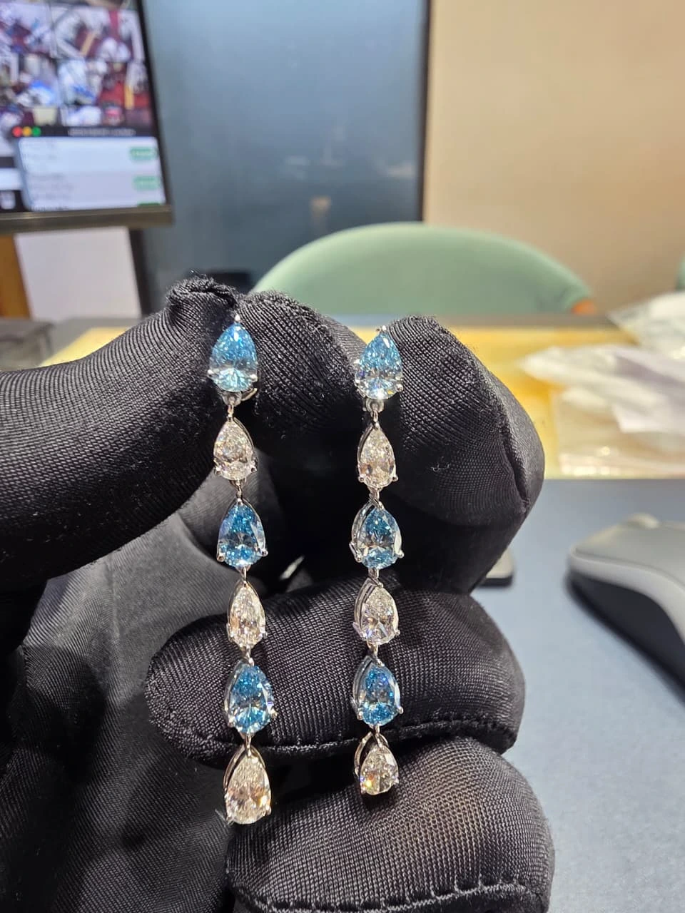 Lab Grown Blue & White Diamond Drop Earrings view 6
