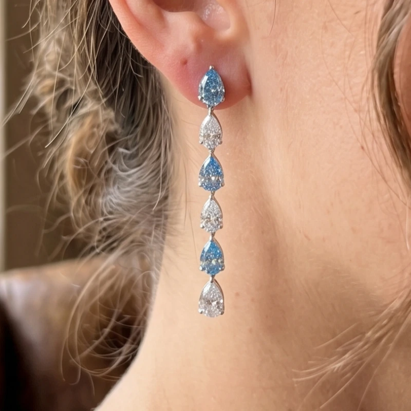 Lab Grown Blue & White Diamond Drop Earrings view 7