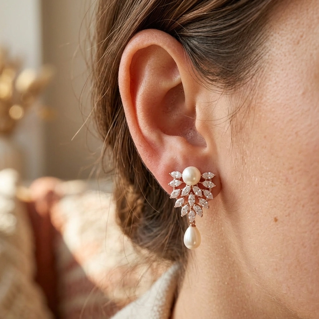 Luxury Pearl Diamond Earrings in 14K Rose Gold | Marquise Diamond Culture Pearl Drop Earrings for Women view 5
