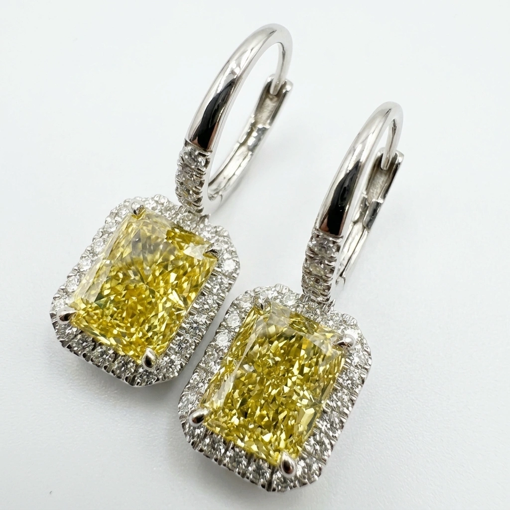 PT950 Platinum Radiant-Cut Yellow Diamond Halo Drop Earrings | Luxury Fine Jewelry view 4