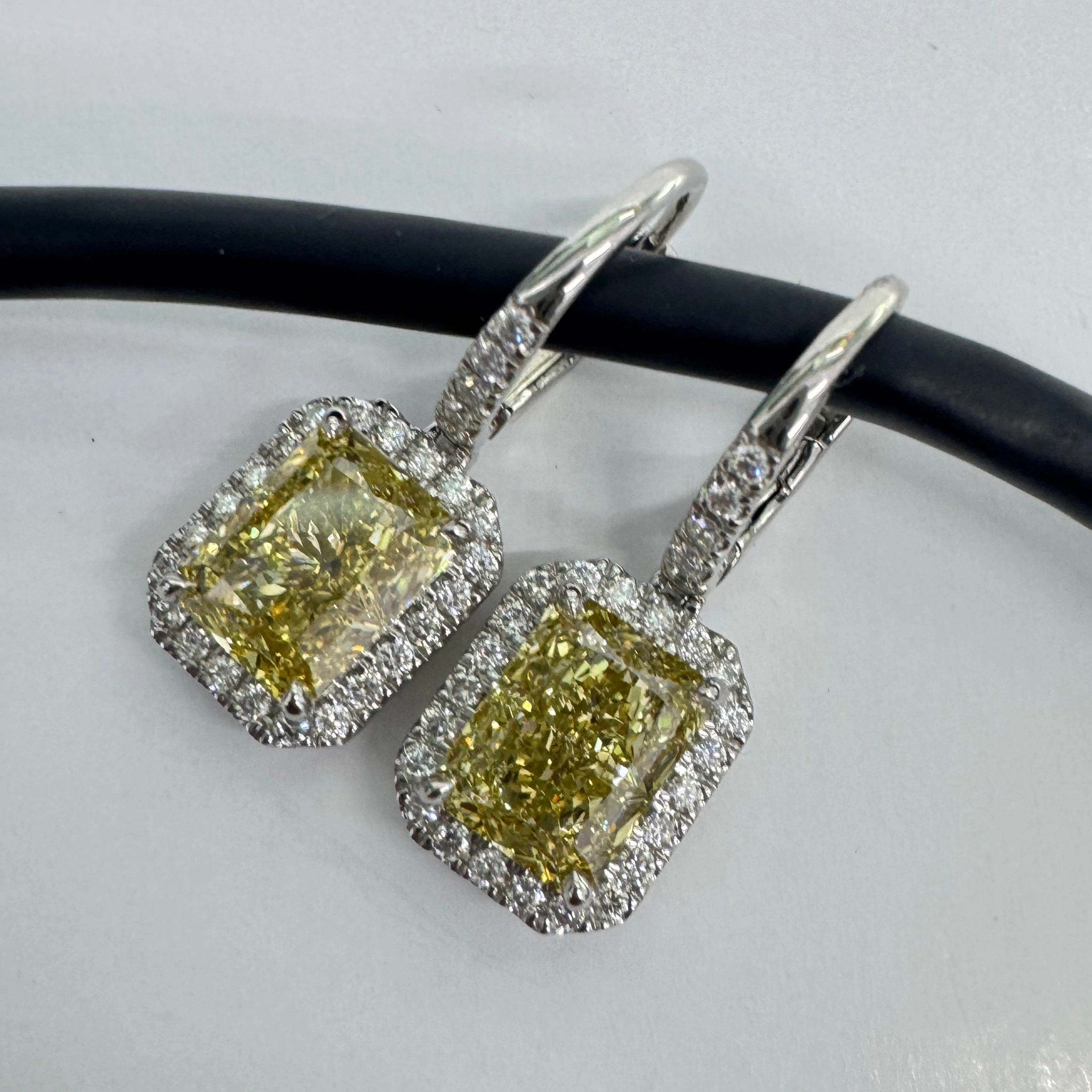 PT950 Platinum Radiant-Cut Yellow Diamond Halo Drop Earrings | Luxury Fine Jewelry view 6