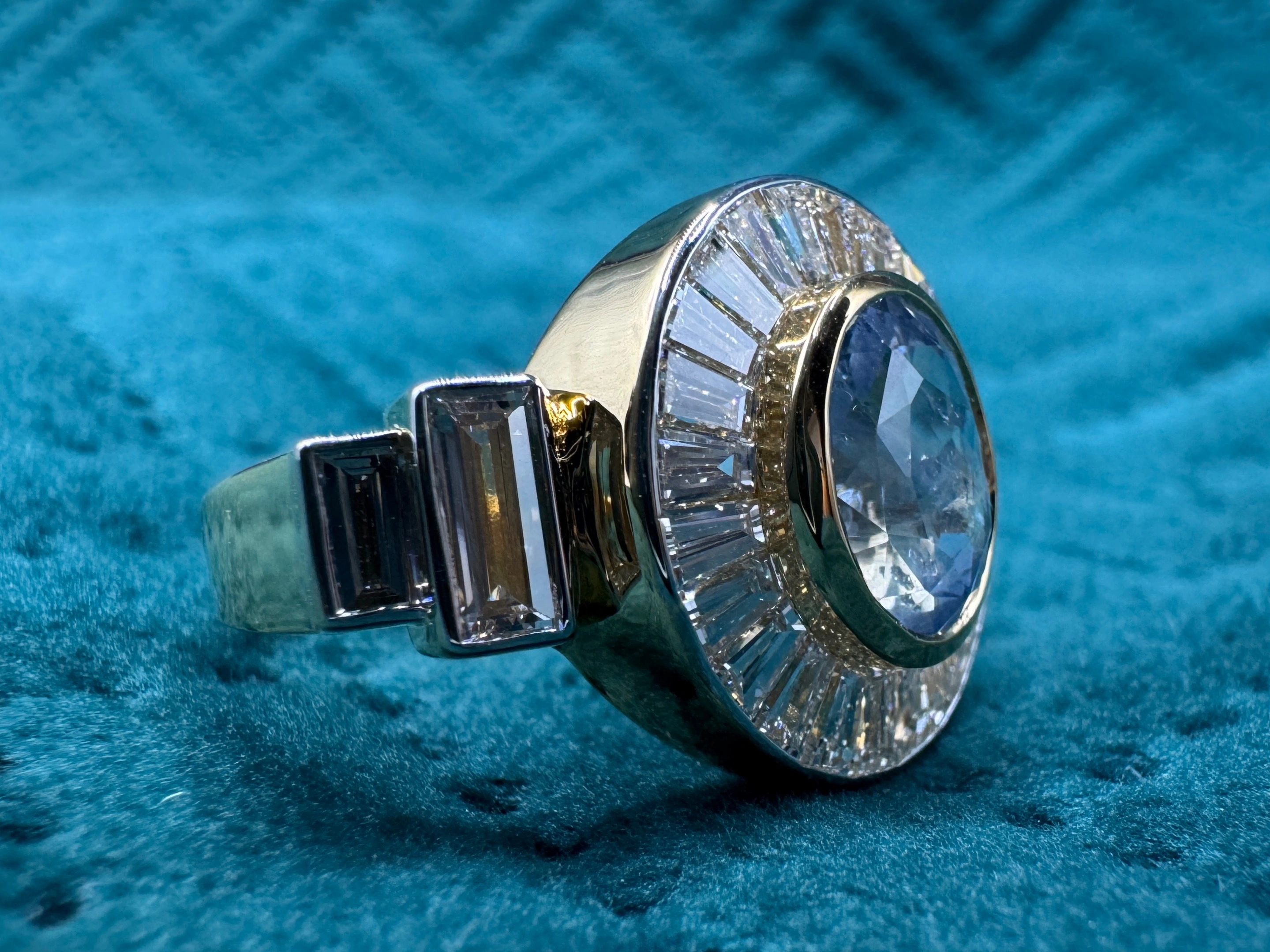 Magnificent 7.93 CT Fancy Blue Oval Lab Grown Diamond Ring in 18K Yellow Gold for Women view 4