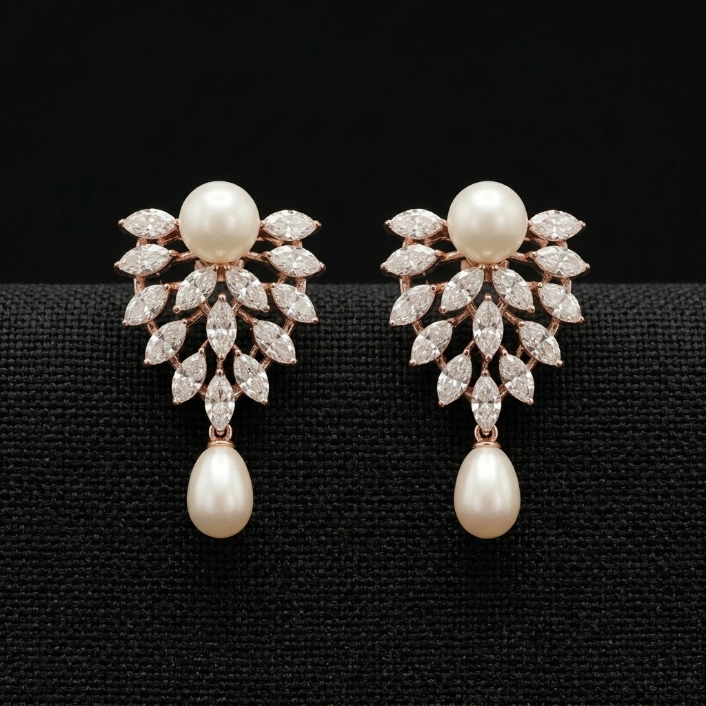 Marquise Diamond Cultured Pearl Earrings in 14KT Rose Gold| IGI Certified view 3