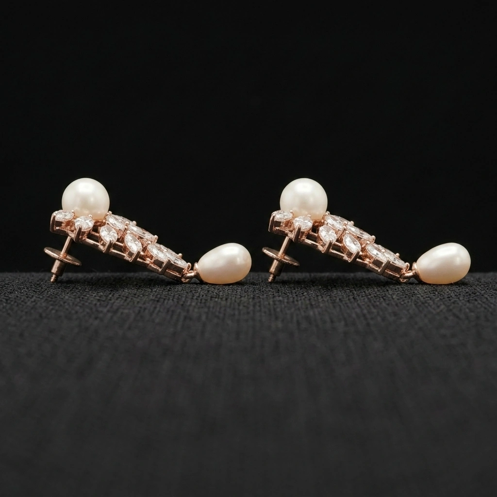 Marquise Diamond Cultured Pearl Earrings in 14KT Rose Gold| IGI Certified view 4