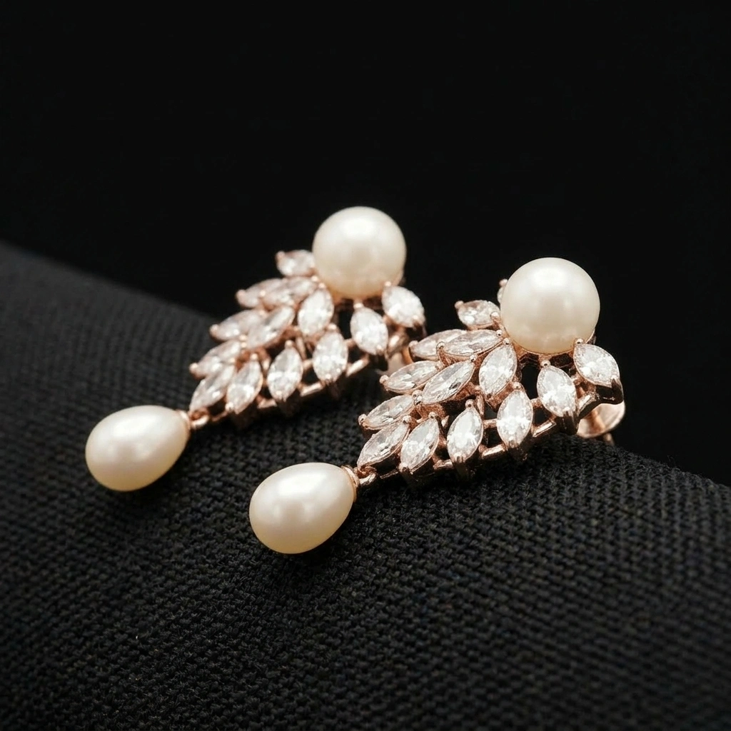 Marquise Diamond Cultured Pearl Earrings in 14KT Rose Gold| IGI Certified view 5