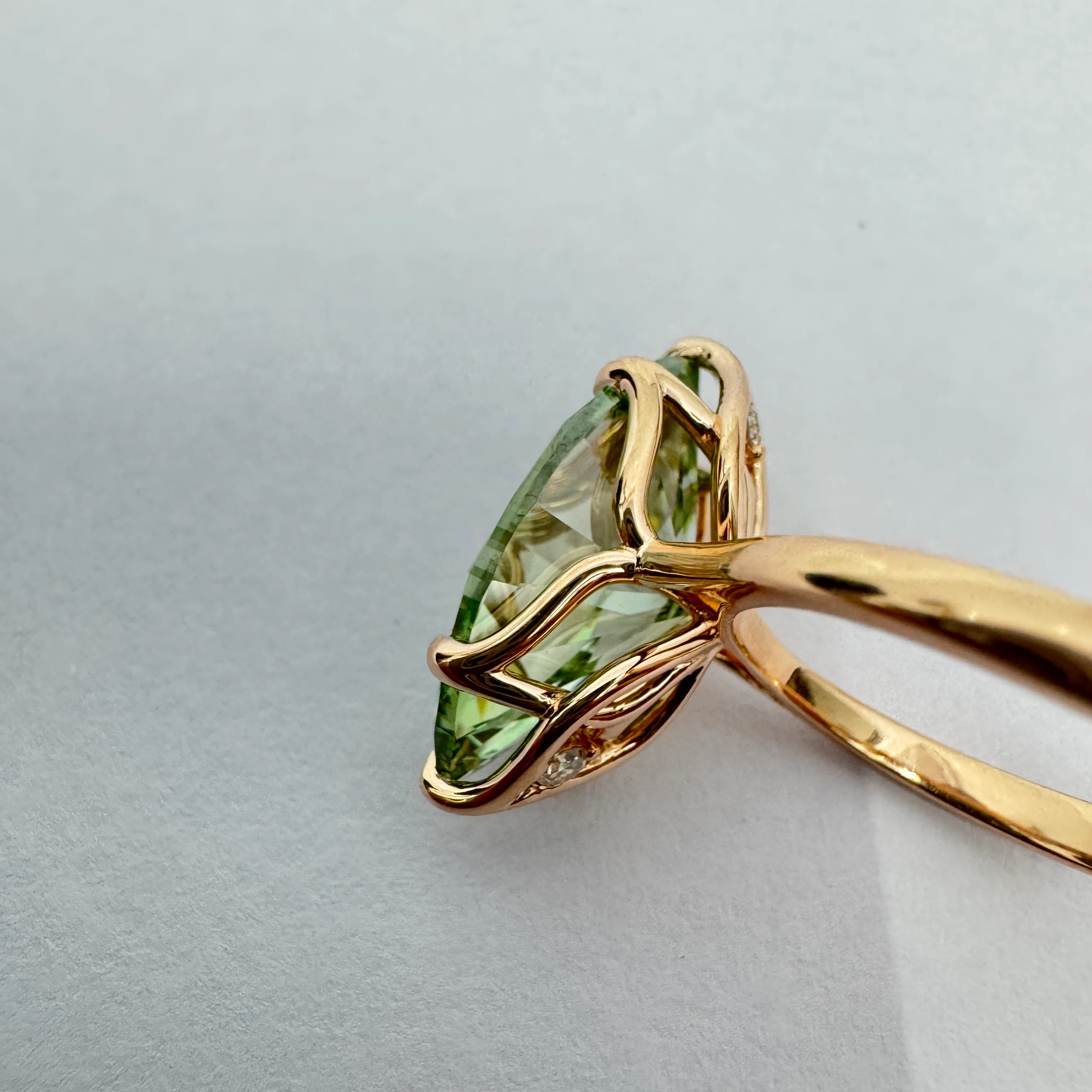 Marquise Green & Round Lab Grown Diamond Ring in Rose Gold view 8