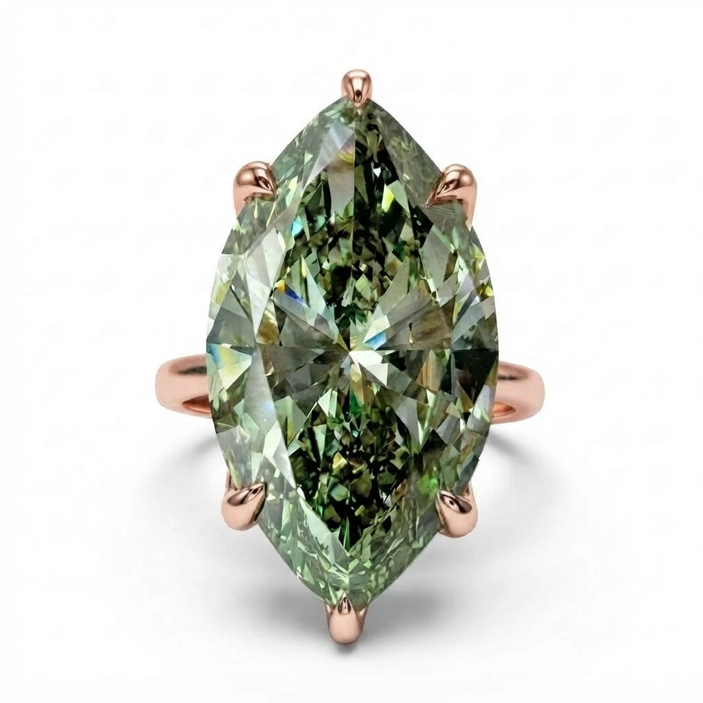 Marquise Green & Round Lab Grown Diamond Ring in Rose Gold view 3