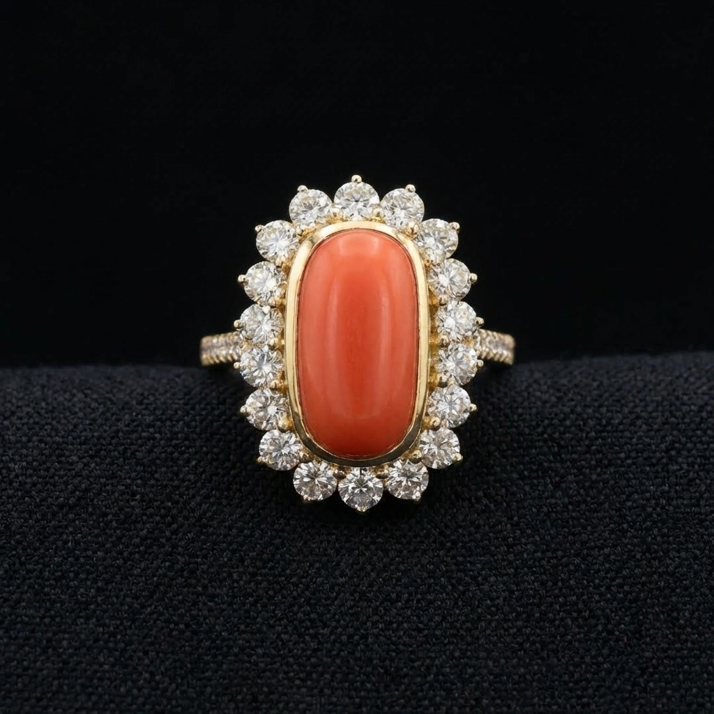 Natural Coral Cut Halo Diamond Ring in 14K Yellow Gold