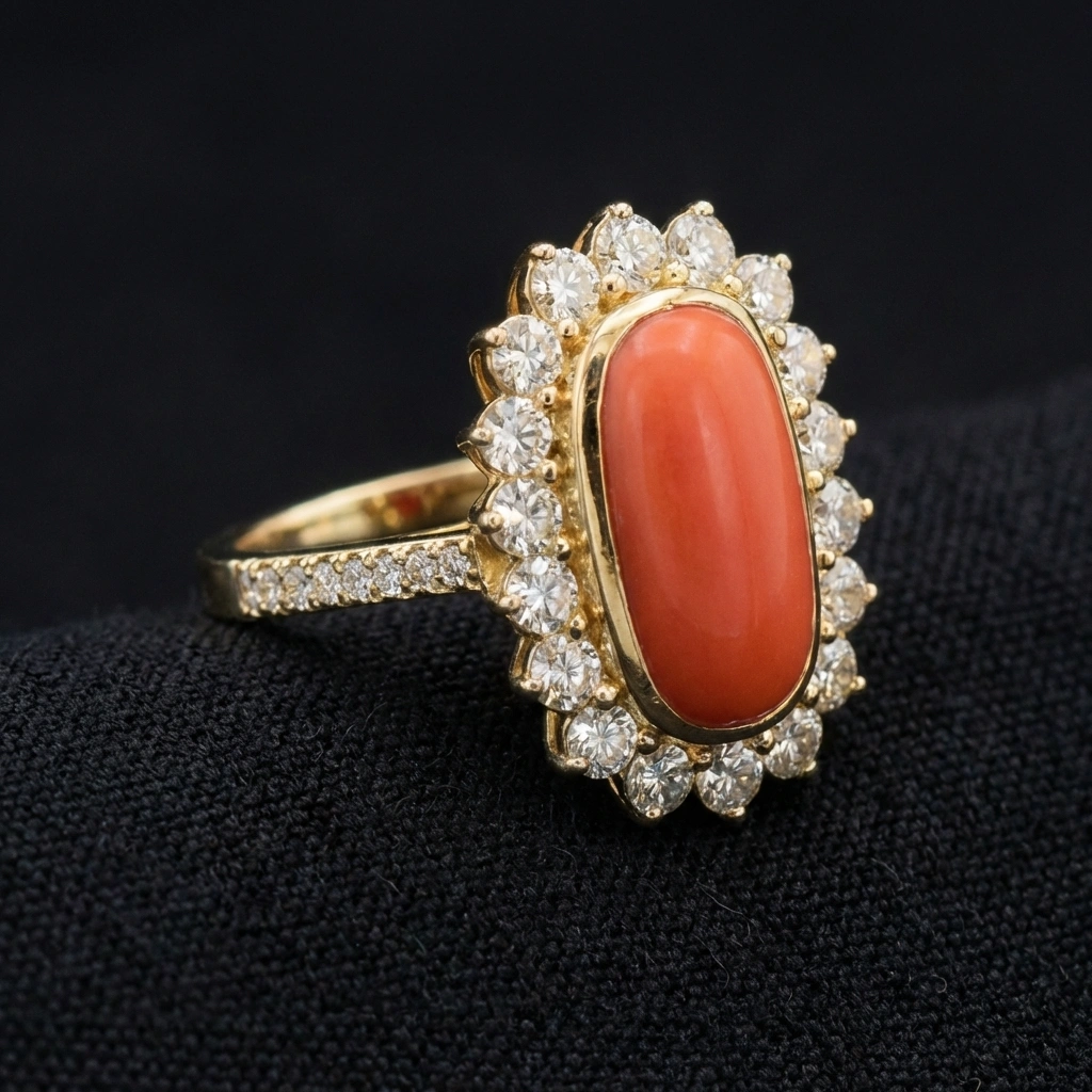 Natural Coral Cut Halo Diamond Ring in 14K Yellow Gold  view 3