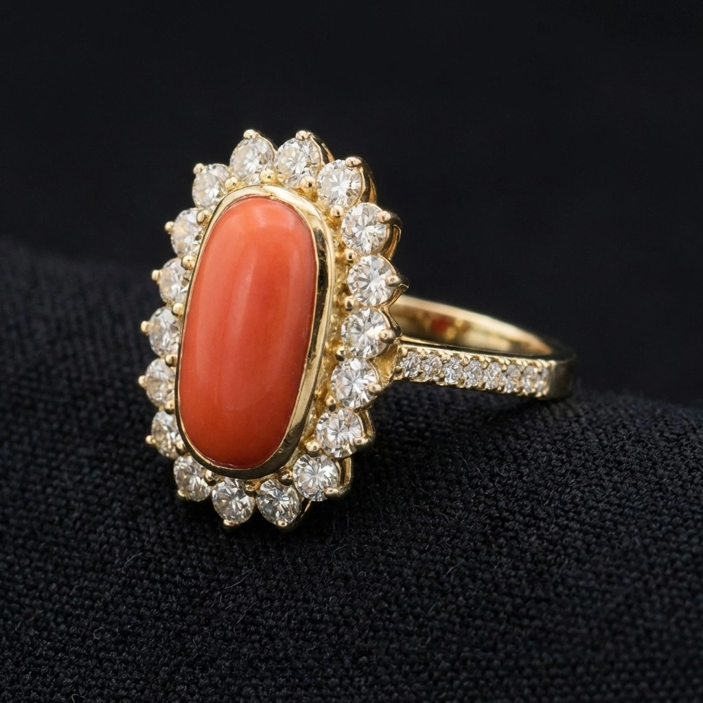 Natural Coral Cut Halo Diamond Ring in 14K Yellow Gold  view 4