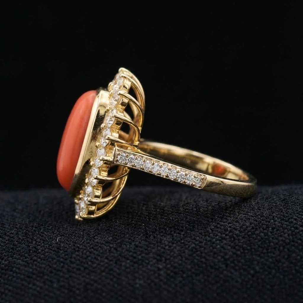 Natural Coral Cut Halo Diamond Ring in 14K Yellow Gold  view 5