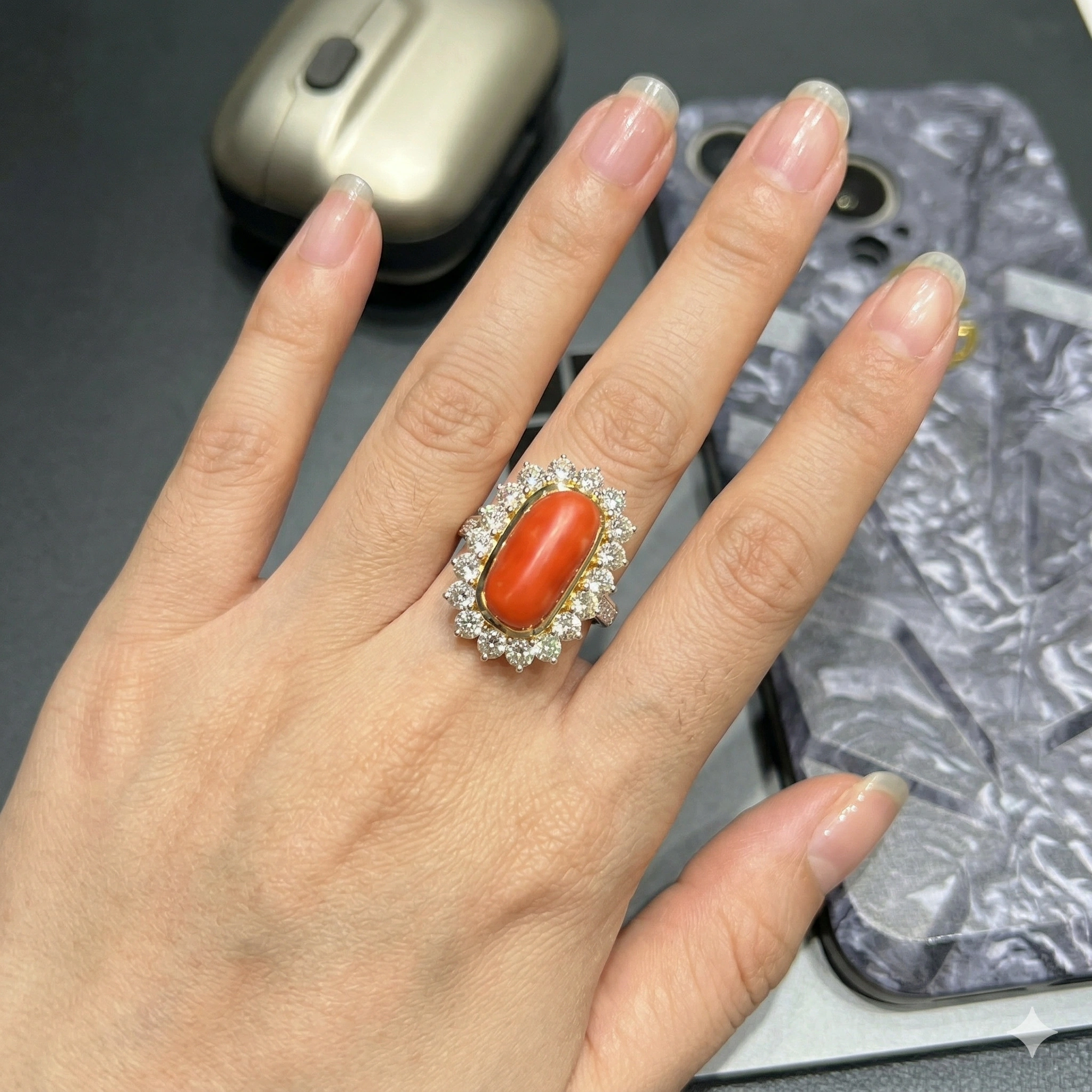 Natural Coral Cut Halo Diamond Ring in 14K Yellow Gold  view 6