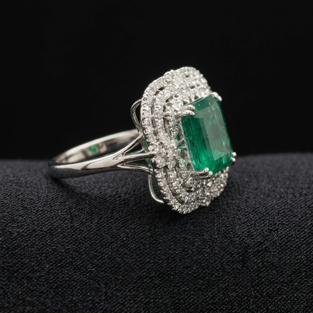 Natural Emerald Cut Green Emerald Ring in PT950 Platinum with Natural Diamond Halo | Luxury Emerald Statement Ring for Women view 3