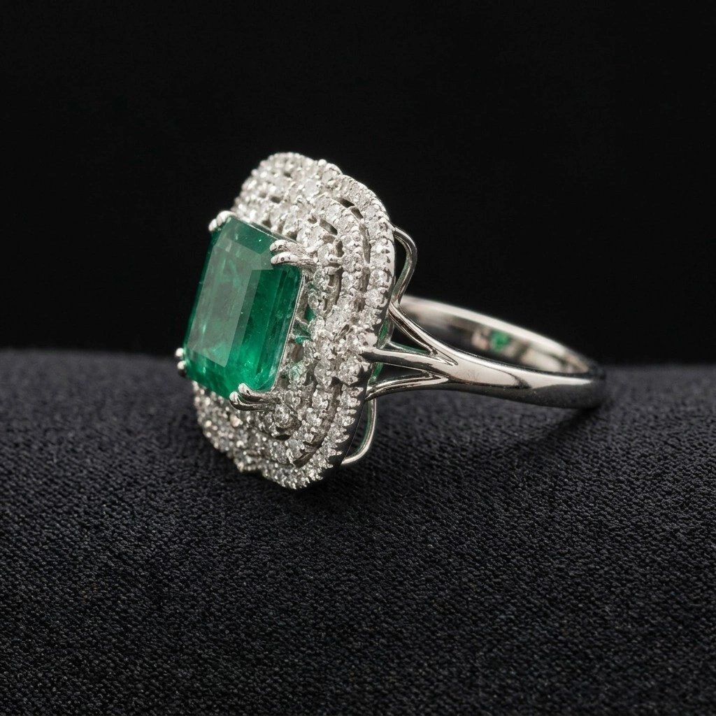 Natural Emerald Cut Green Emerald Ring in PT950 Platinum with Natural Diamond Halo | Luxury Emerald Statement Ring for Women view 4