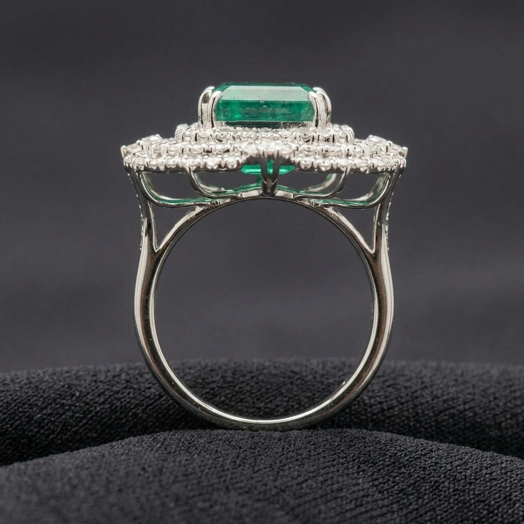 Natural Emerald Cut Green Emerald Ring in PT950 Platinum with Natural Diamond Halo | Luxury Emerald Statement Ring for Women view 5