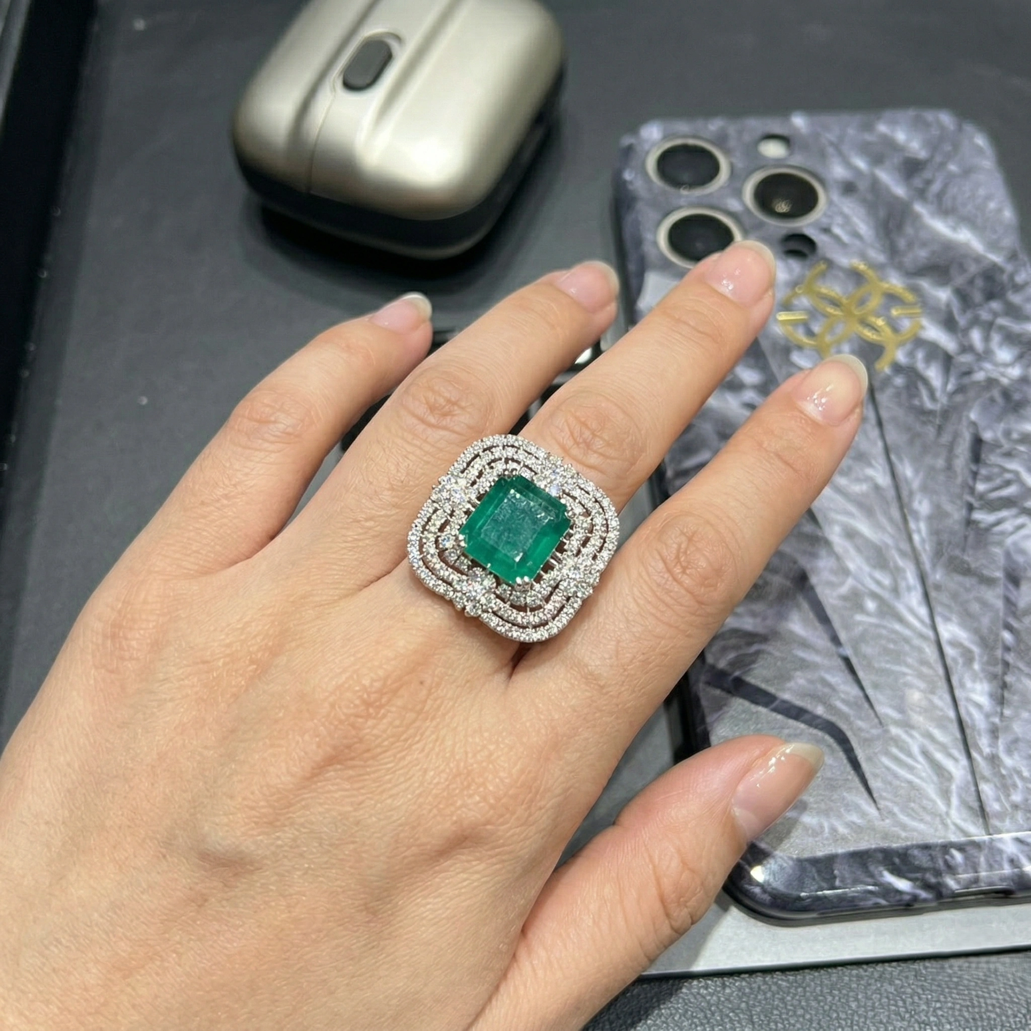 Natural Emerald Cut Green Emerald Ring in PT950 Platinum with Natural Diamond Halo | Luxury Emerald Statement Ring for Women view 6
