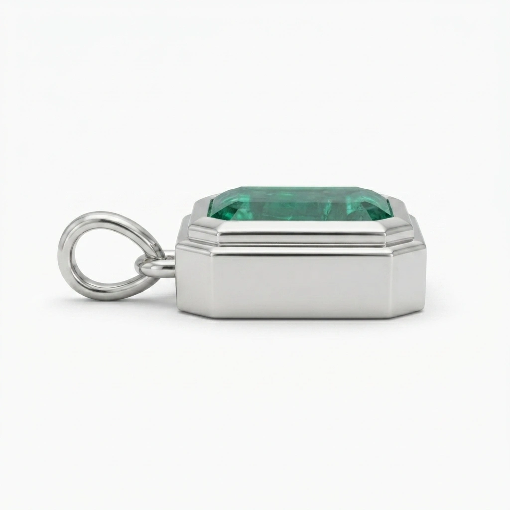 Natural Emerald Pendant in PT950 Platinum | Emerald Cut Solitaire Pendant view 4