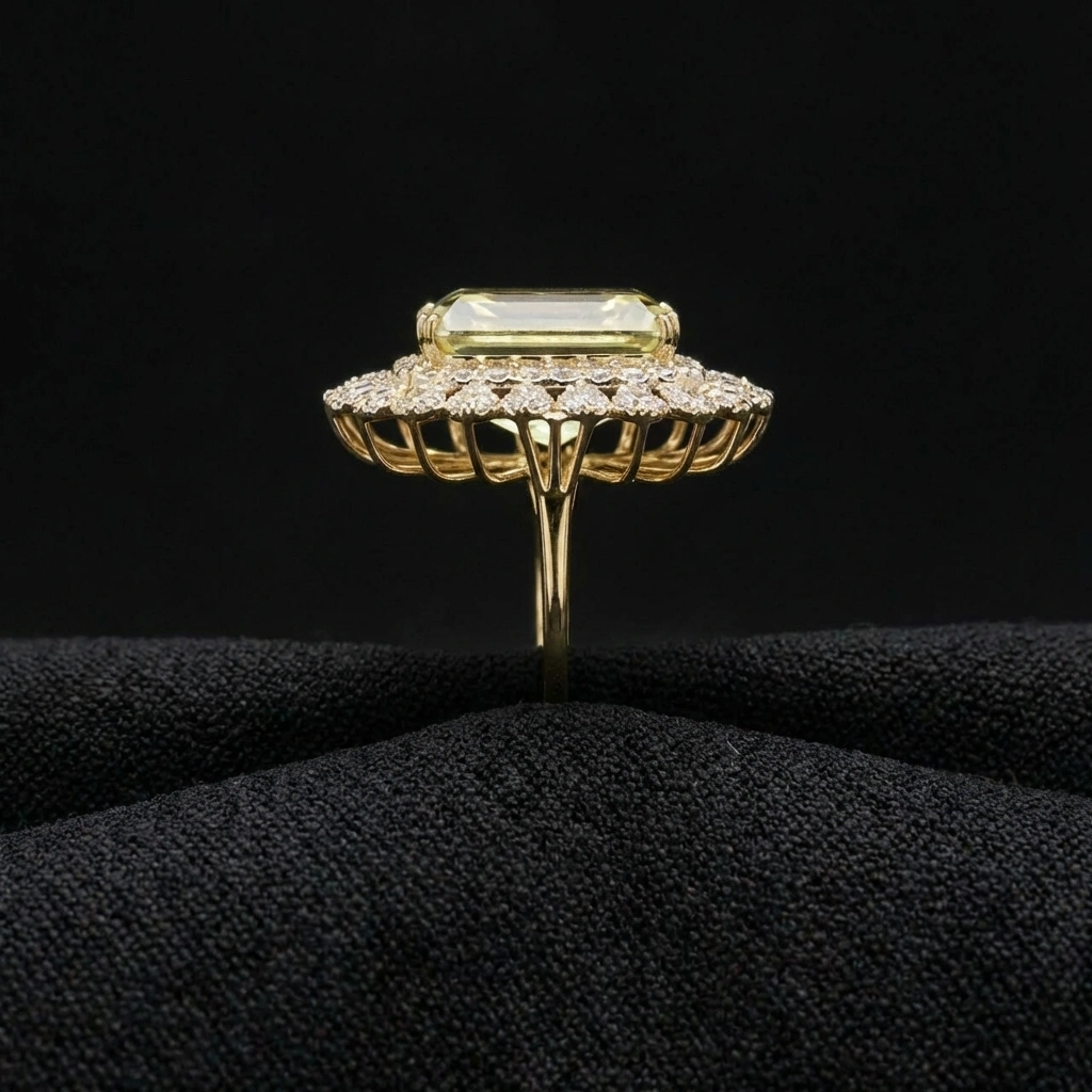 Natural Yellow Sapphire Ring in 14K Gold with Natural Diamond Halo | Emerald Cut Yellow Sapphire Statement Ring for Women view 3